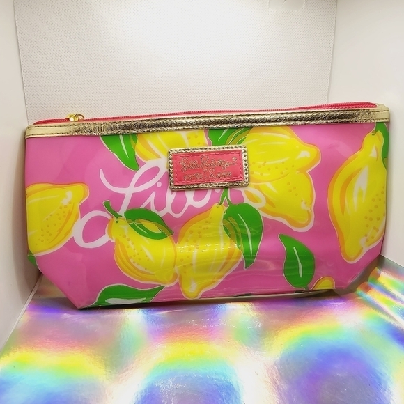 Lilly Pulitzer x Estee Lauder Pink Yellow Lemon Print Cosmetic Bag - Picture 2 of 7